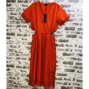 For Cynthia L Dress Fit-Flair Cottage Core Cut-Outs Scallop Edge Red Orange